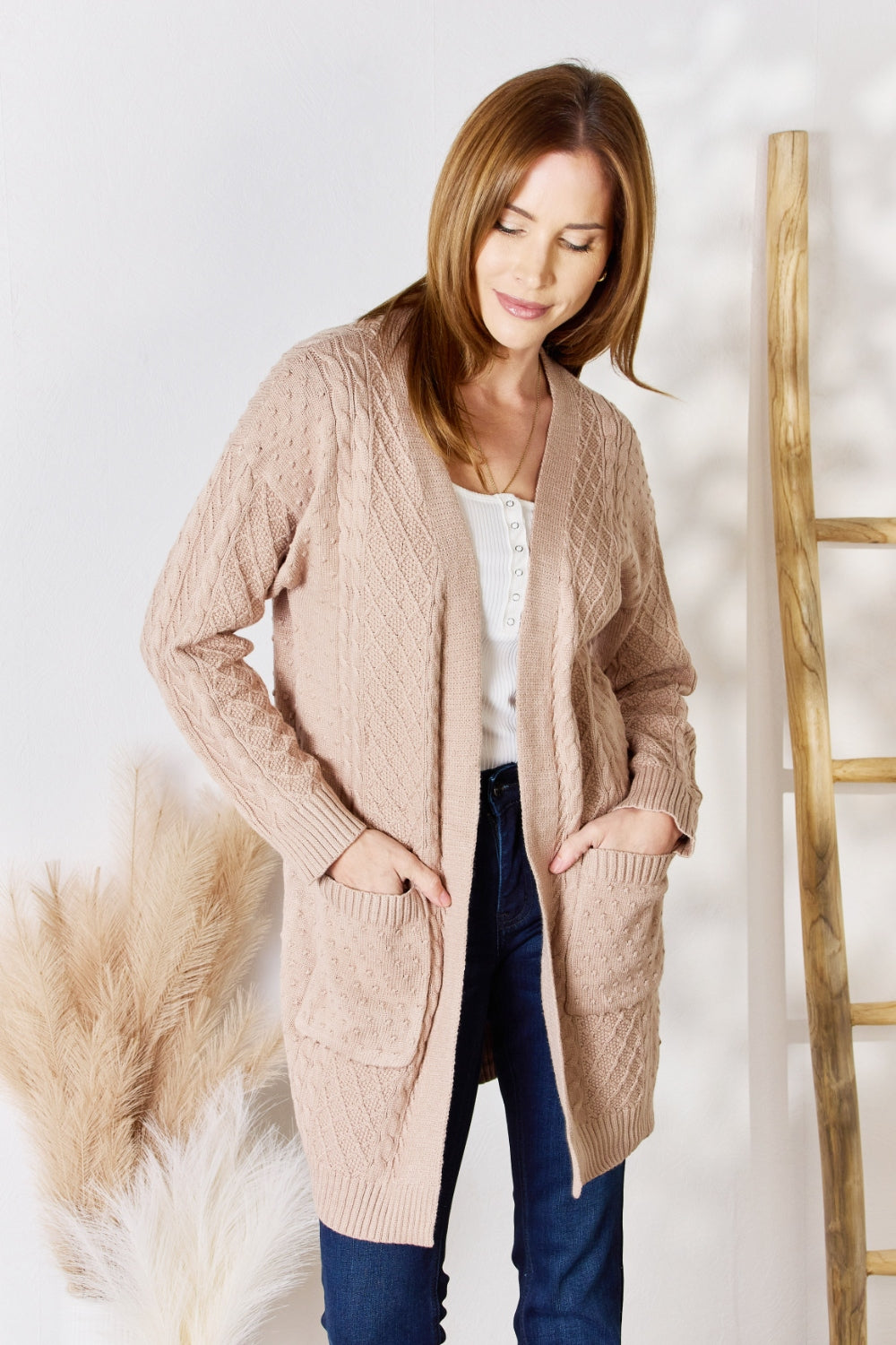 Hailey & Co Full Size Cable-Knit Pocketed Cardigan  Trendsi   