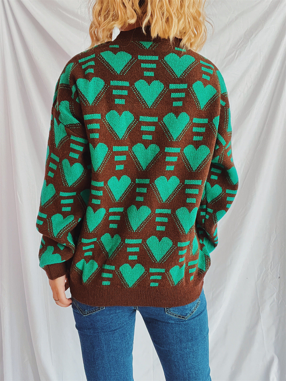 Heart Contrast Long Sleeve Dropped Shoulder Sweater  Trendsi   