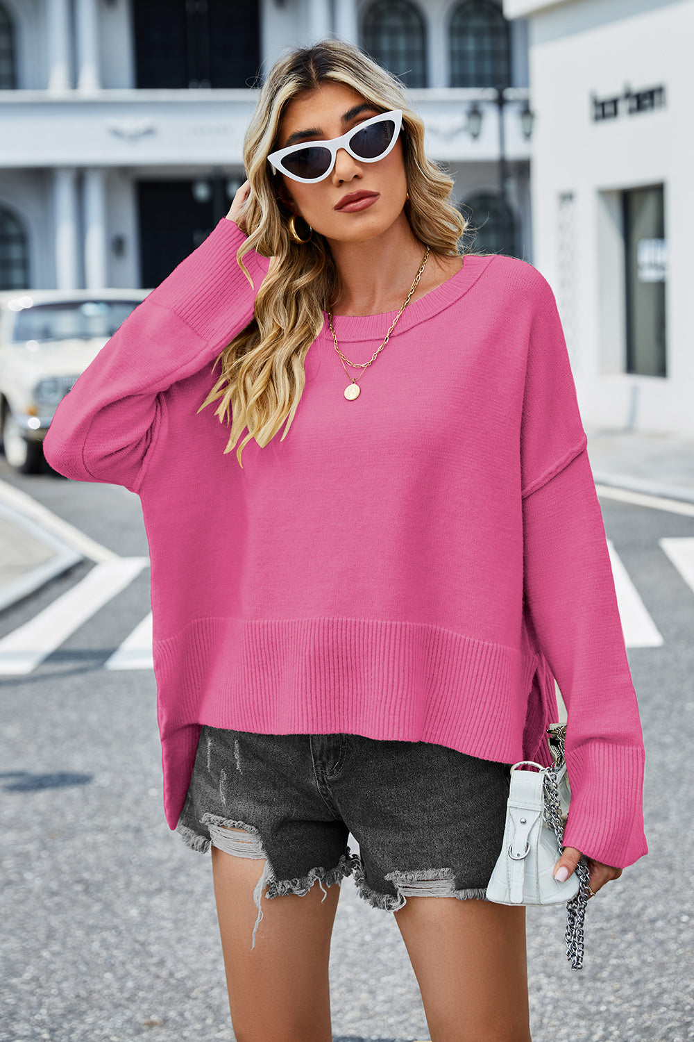 High-Low Slit Round Neck Long Sleeve Sweater  Trendsi   