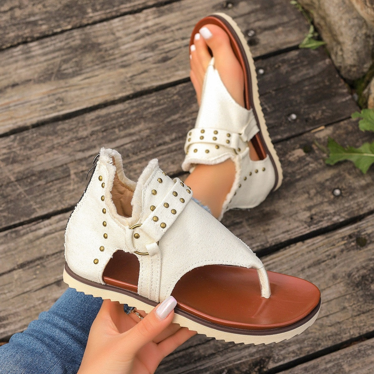 Studded Raw Hem Flat Sandals  Trendsi Ivory 36(US5) 