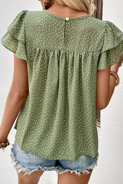 Perfee Printed Round Neck Puff Sleeve Blouse Blouse Trendsi   