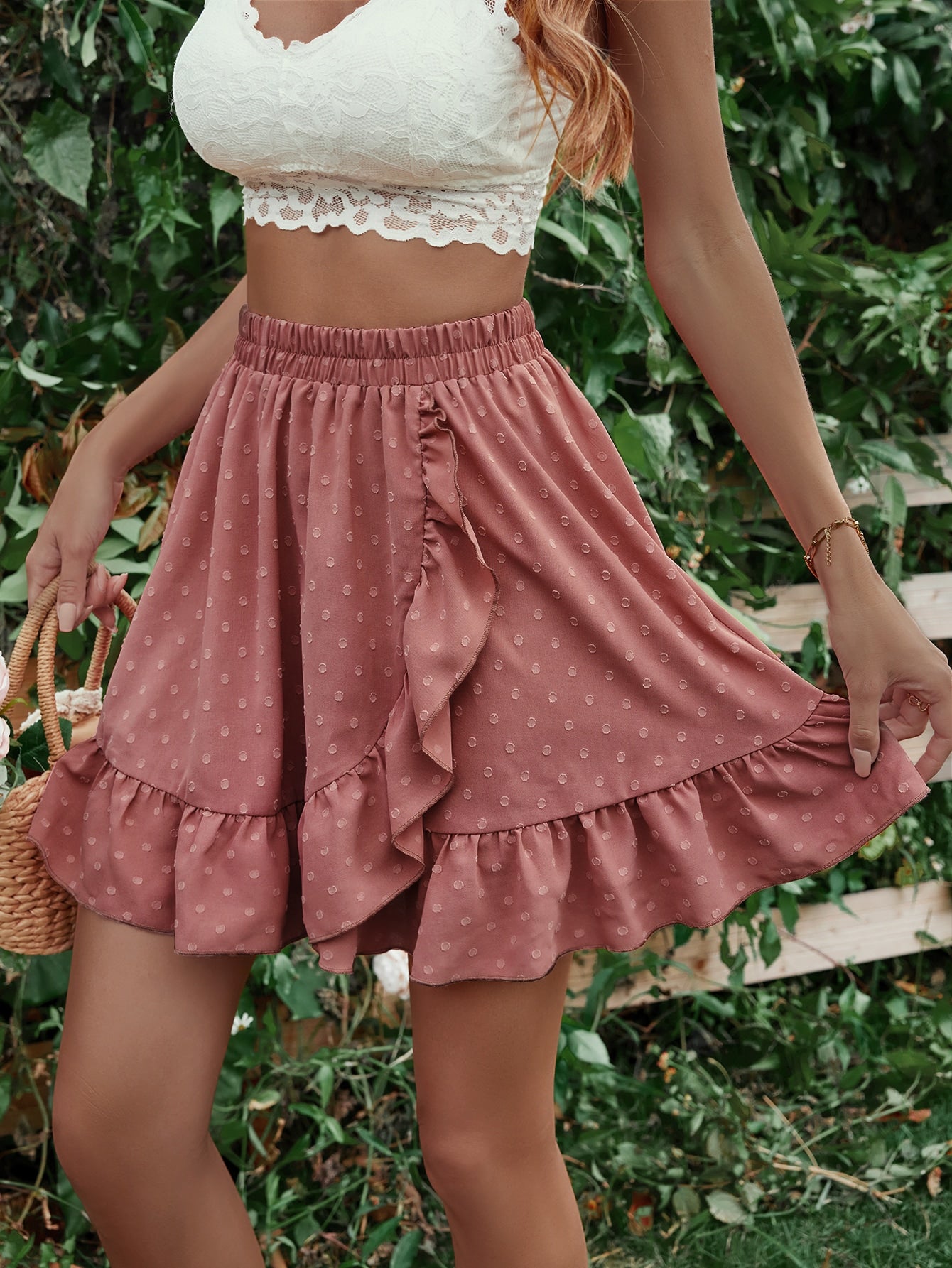 Honey Ruffle Hem Elastic Waist Mini Skirt  Trendsi Dusty Pink S 