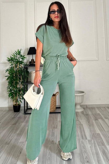 Round Neck Short Sleeve Top and Drawstring Pants Set