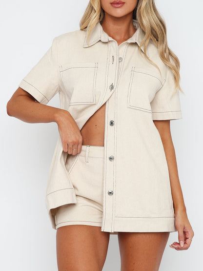 Pocketed Button Up Top and Shorts Set  Trendsi Cream S 