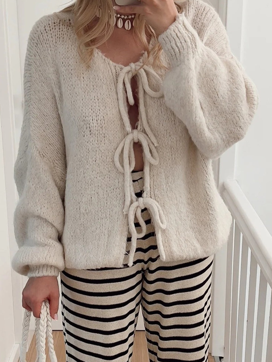 Tied Long Sleeve Dropped Shoulder Cardigan  Trendsi Beige S 