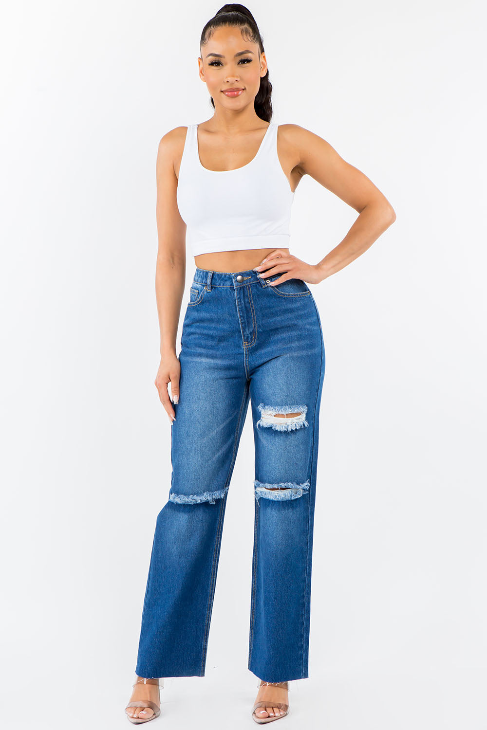 American Bazi High Waist Distressed Wide Leg Jeans  Trendsi   