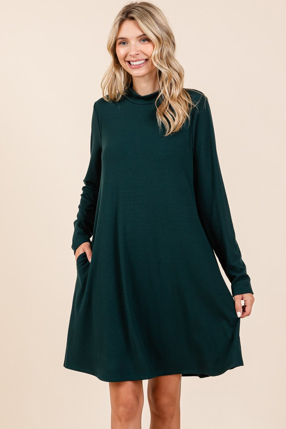 Mittoshop Mock Neck Long Sleeve Dress with Pockets  Trendsi   