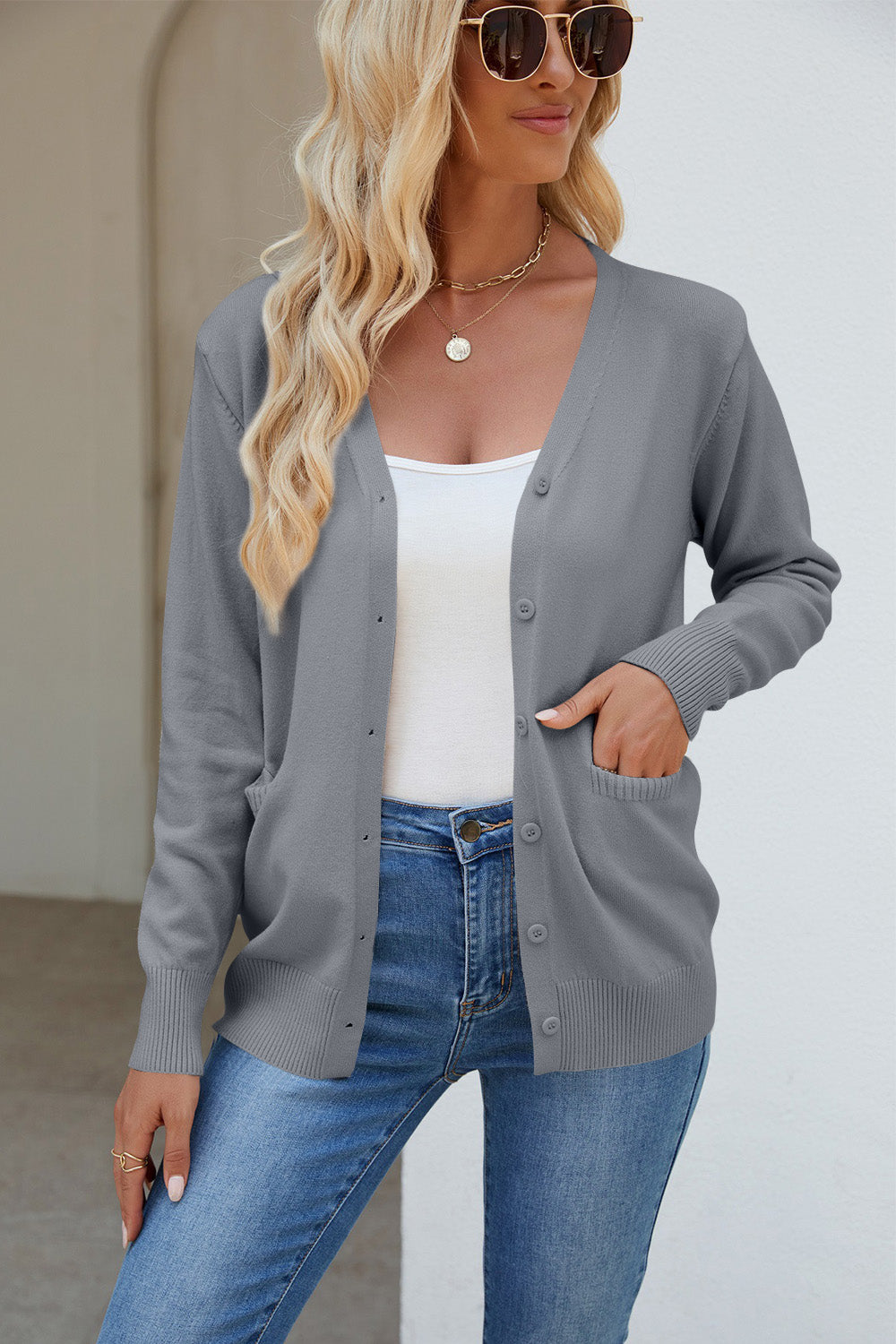 Pocketed V-Neck Button Up Long Sleeve Cardigan  Trendsi   