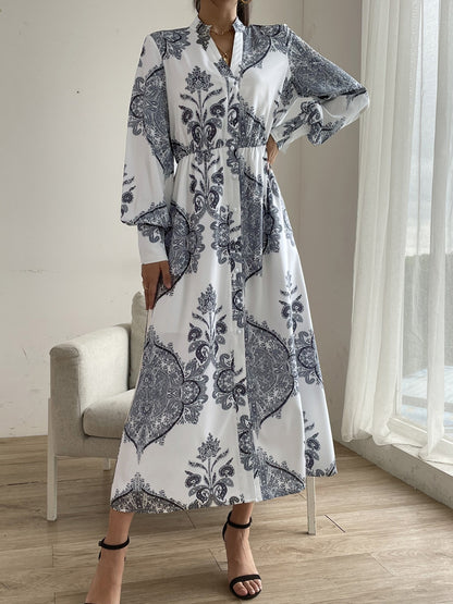 Printed Notched Lantern Sleeve Midi Dress  Trendsi   