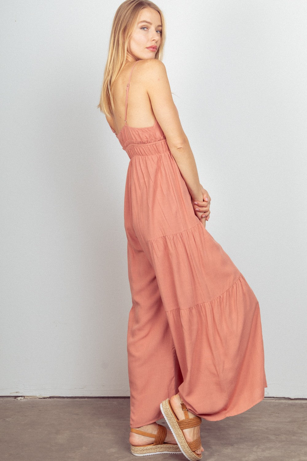 VERY J Sleeveless Ruched Wide Leg Jumpsuit  Trendsi   