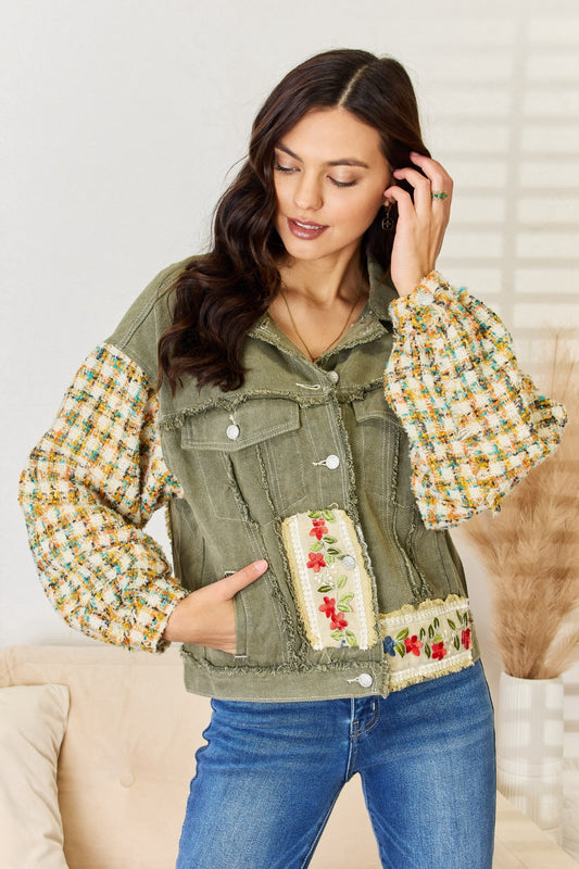 POL Embroidered Button Down Raw Hem Shacket  Trendsi SMJ356-OLIVE S 