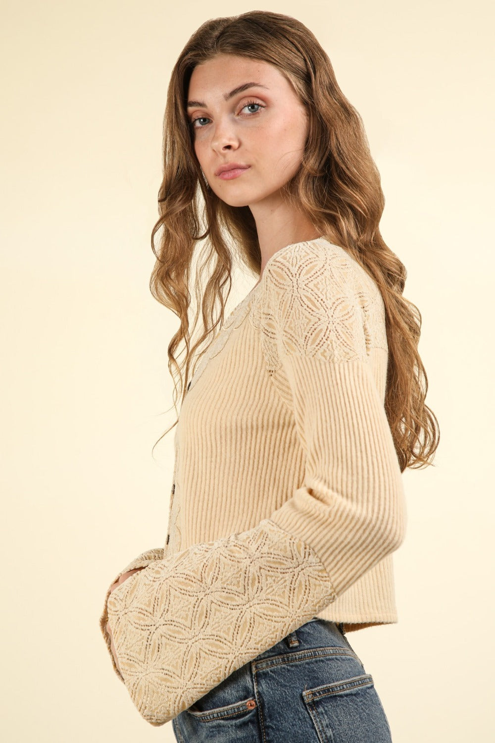 VERY J V-Neck Lace Detail Button Down Crop Ribbed Knit Top Luxe Trendsi   