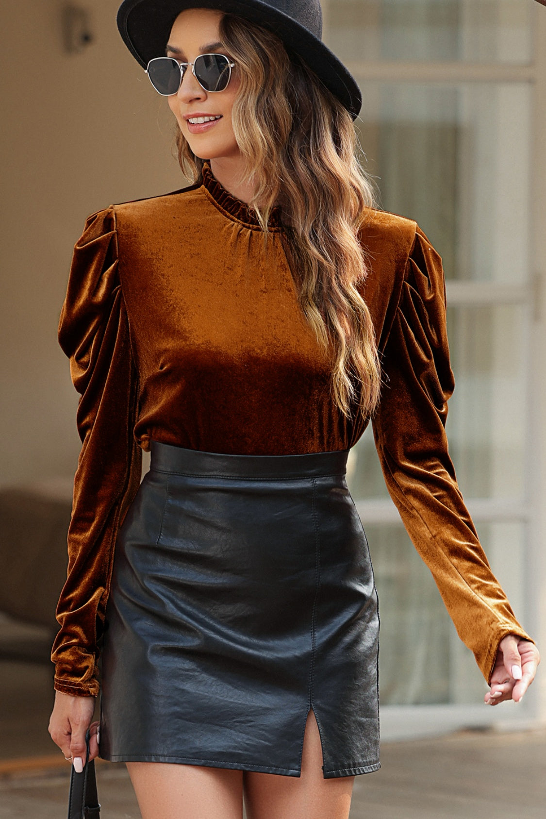 Round Neck Puff Sleeve Velvet Blouse Blouse Trendsi   