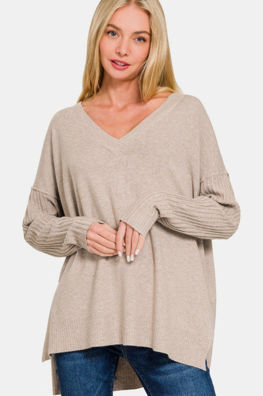 Zenana V-Neck Side Slit High-Low Sweater  Trendsi H Mocha S/M 