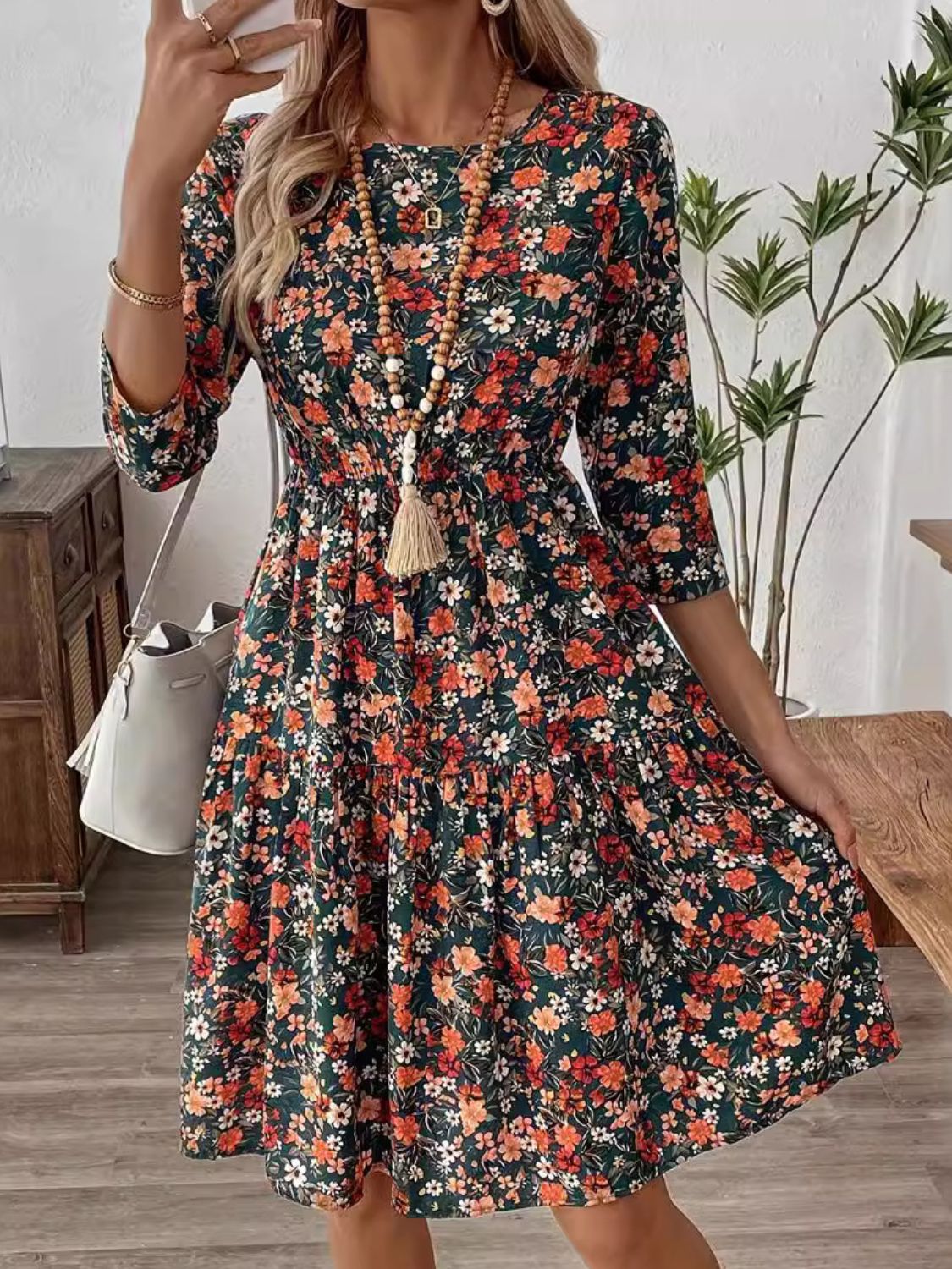 Frill Floral Round Neck Dress  Trendsi   