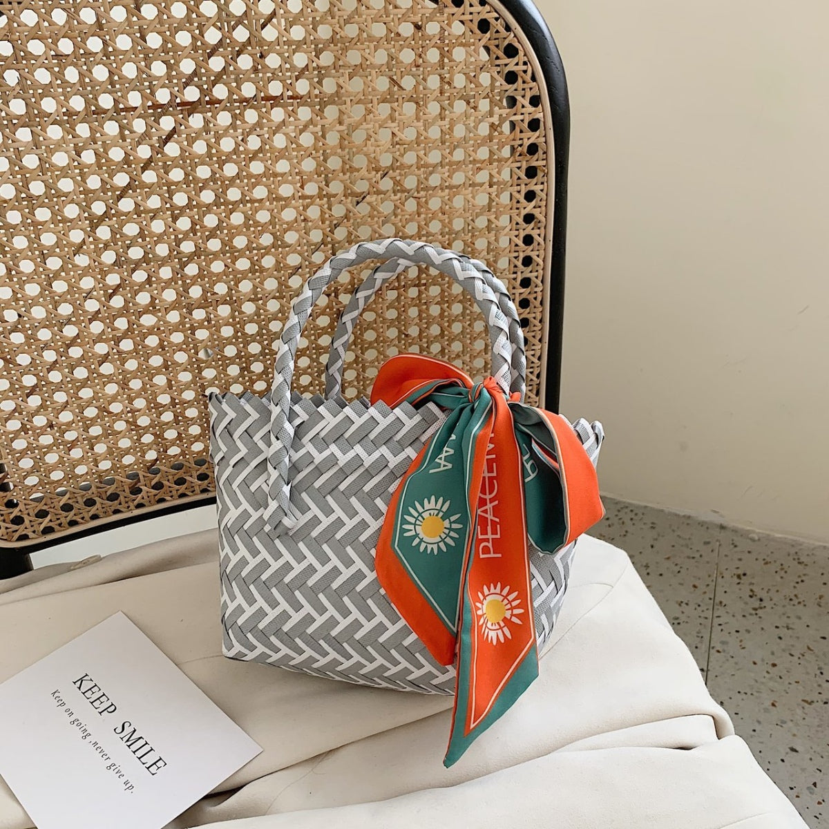 Contrast Woven Handbag with Ribbon  Trendsi   