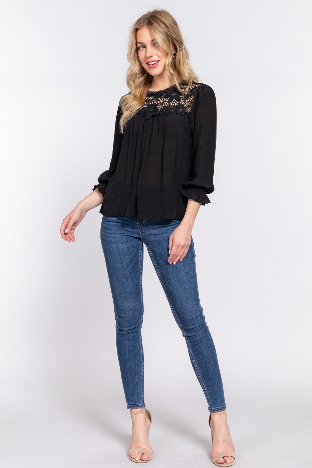 ACTIVE BASIC Crochet Lace Panel Flounce Sleeve Blouse  Trendsi   