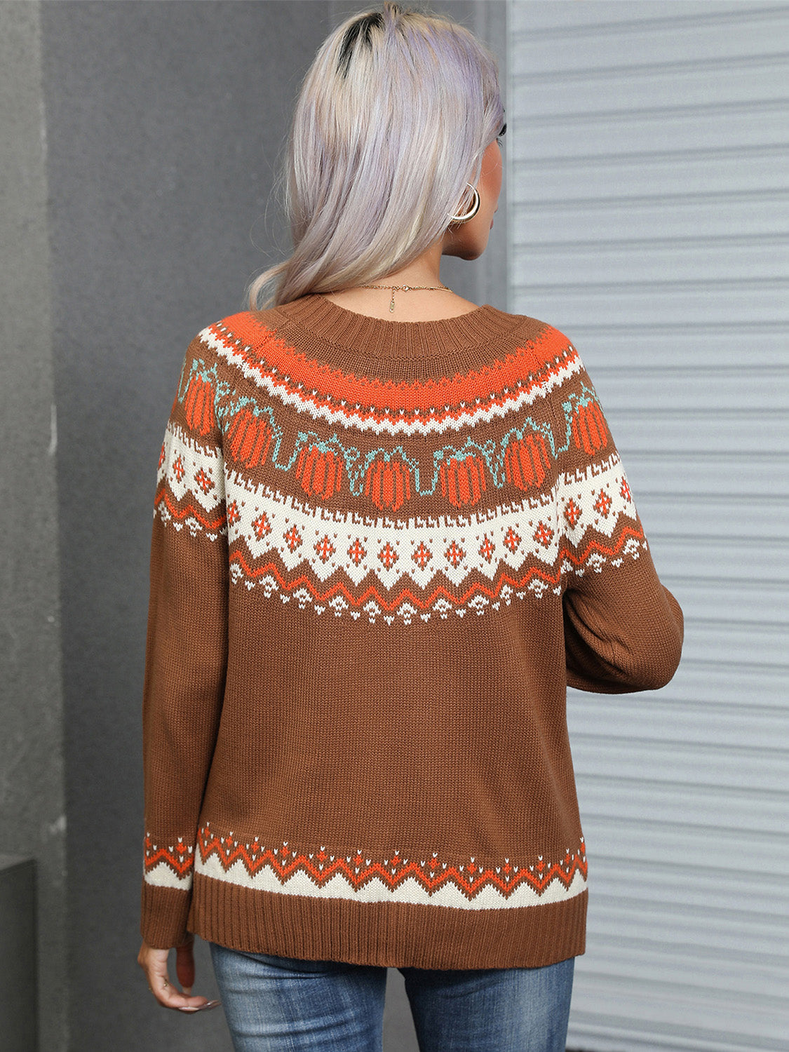 Angel Wings Geometric Round Neck Long Sleeve Sweater  Trendsi   