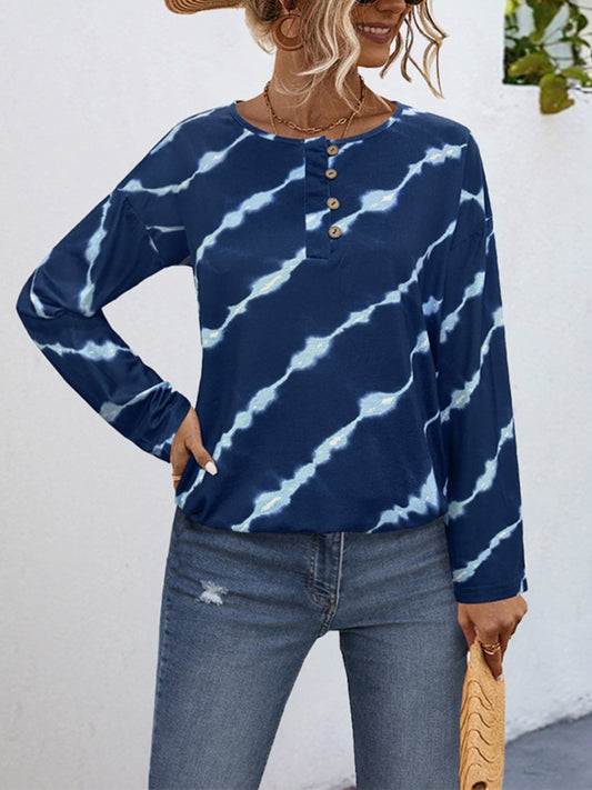 Striped Round Neck Long Sleeve T-Shirt  Trendsi Peacock  Blue S 