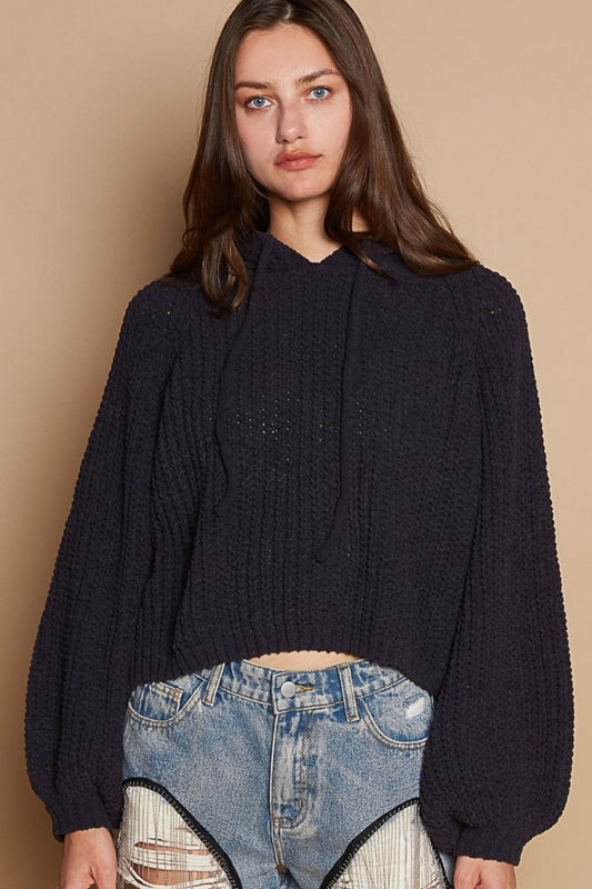 POL Back Open Slit Balloon Sleeve Crop Hooded Sweater  Trendsi Indigo S 