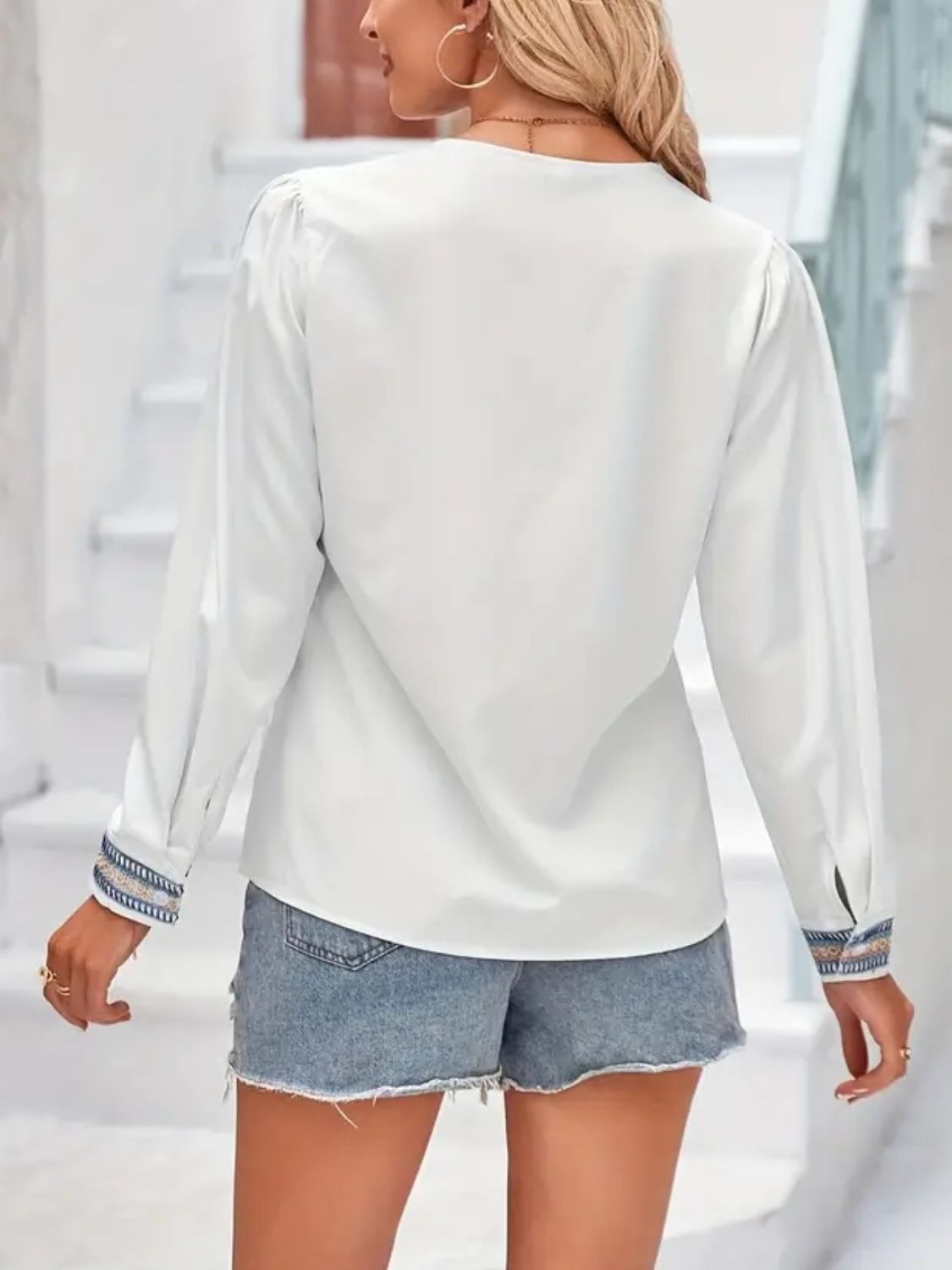 Contrast V-Neck Long Sleeve Blouse Blouse Trendsi   