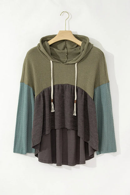 Waffle-Knit High-Low Color Block Hooded Long Sleeve Top