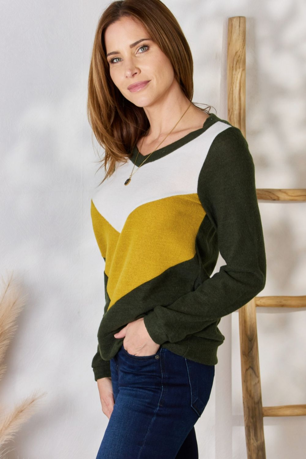 Hailey & Co Full Size Colorblock V-Neck Blouse  Trendsi   