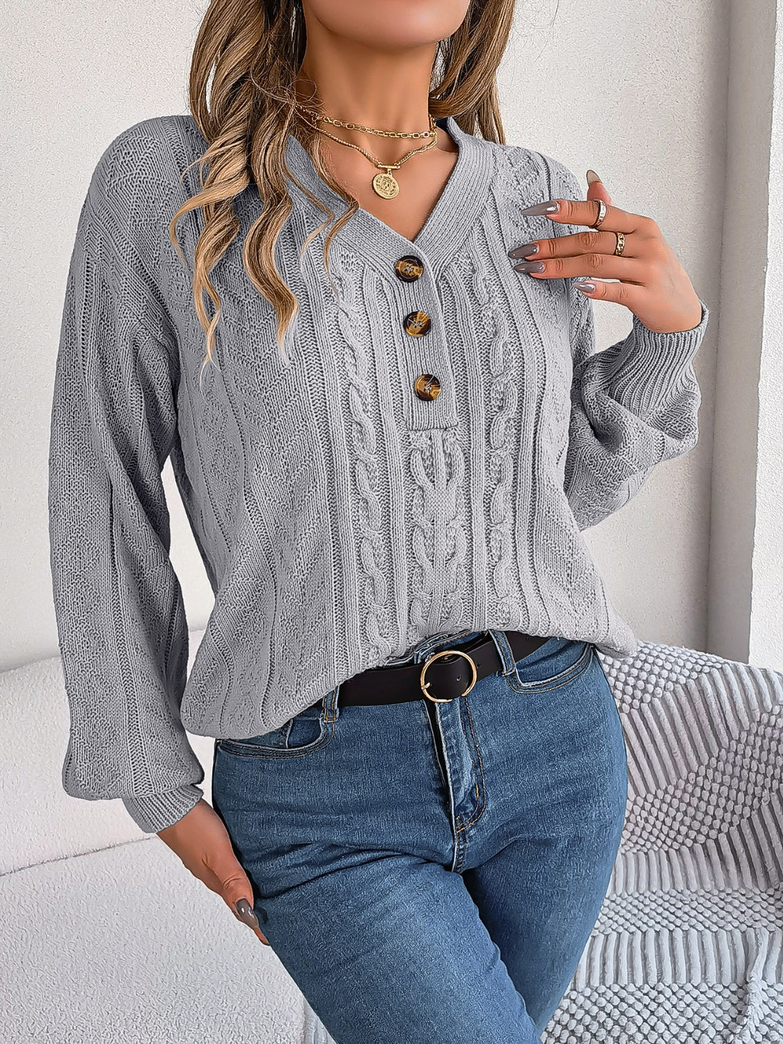 Cable-Knit V-Neck Long Sleeve Sweater  Trendsi   