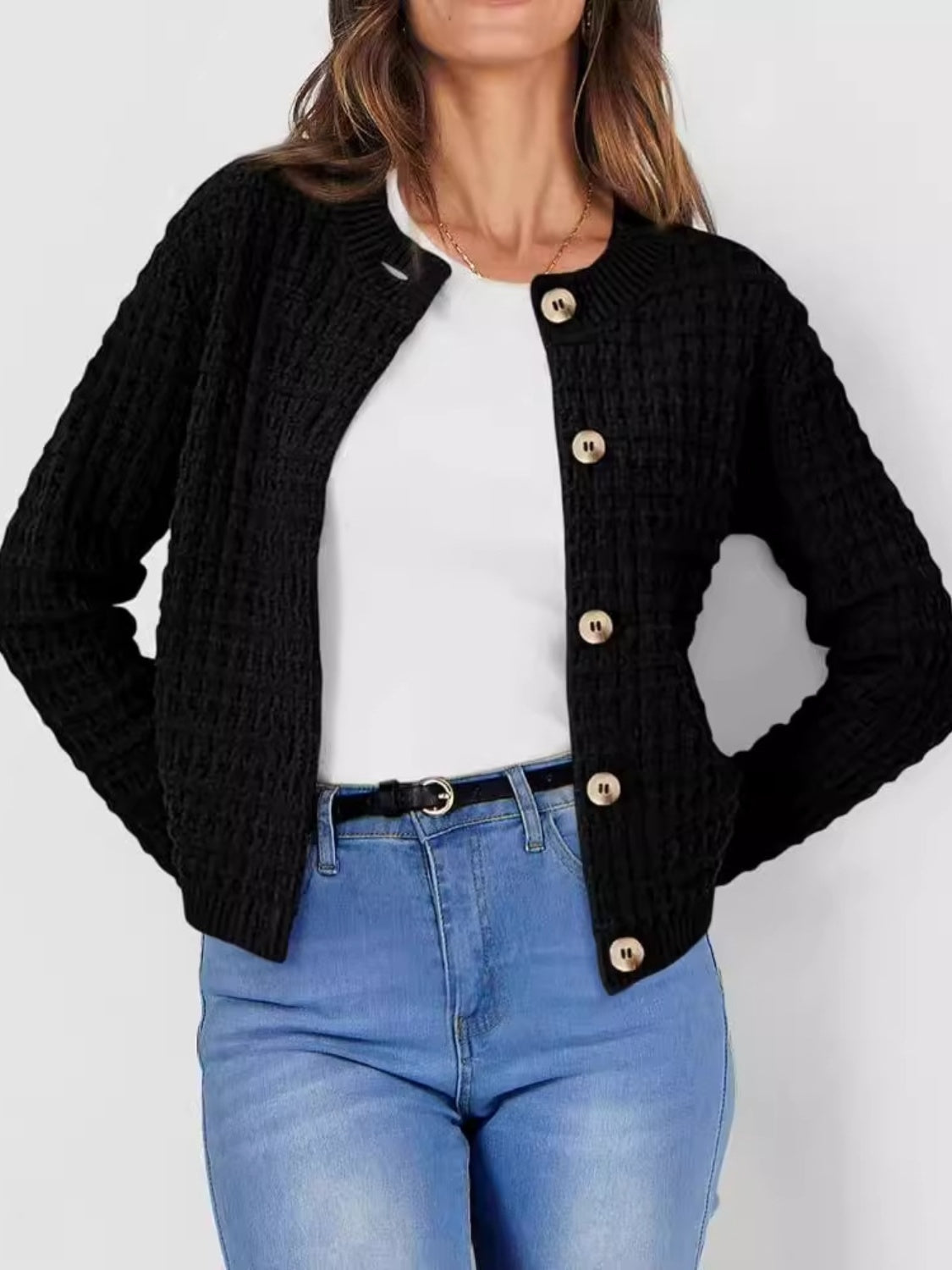 Button Up Round Neck Long Sleeve Cardigan  Trendsi Black S 