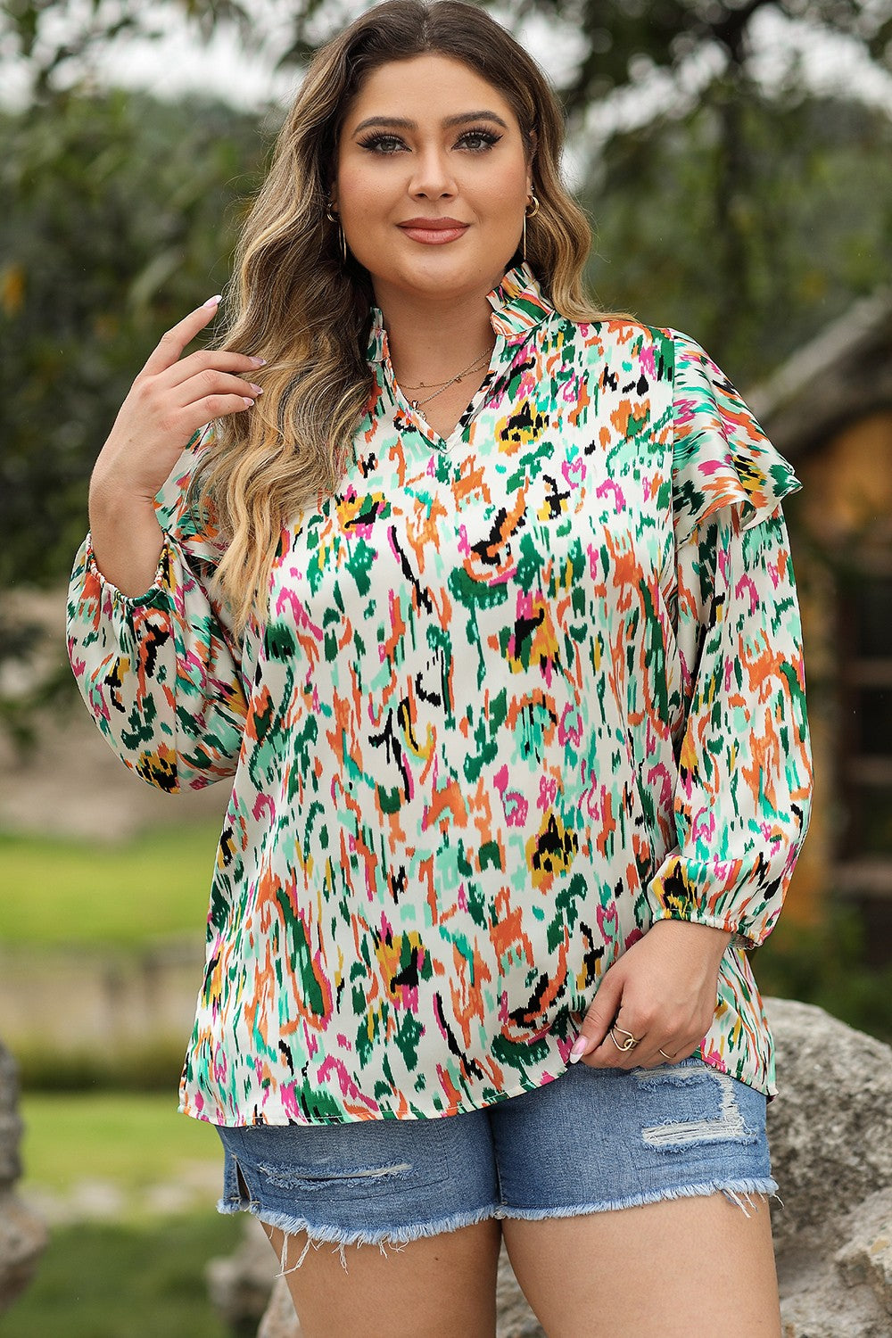 Plus Size Printed Ruffle Trim Long Sleeve Blouse Blouse Trendsi Multicolor 1XL 