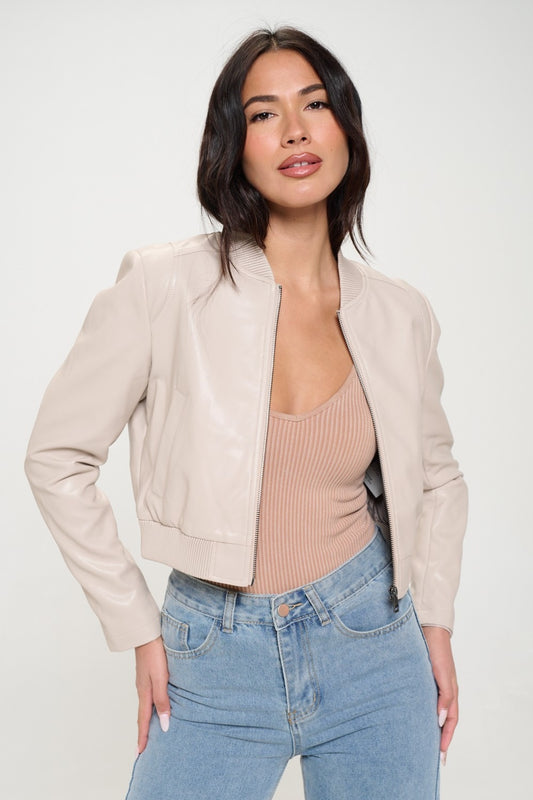 Coalition LA Zip Up Cropped Bomber Jacket  Trendsi Cream S 