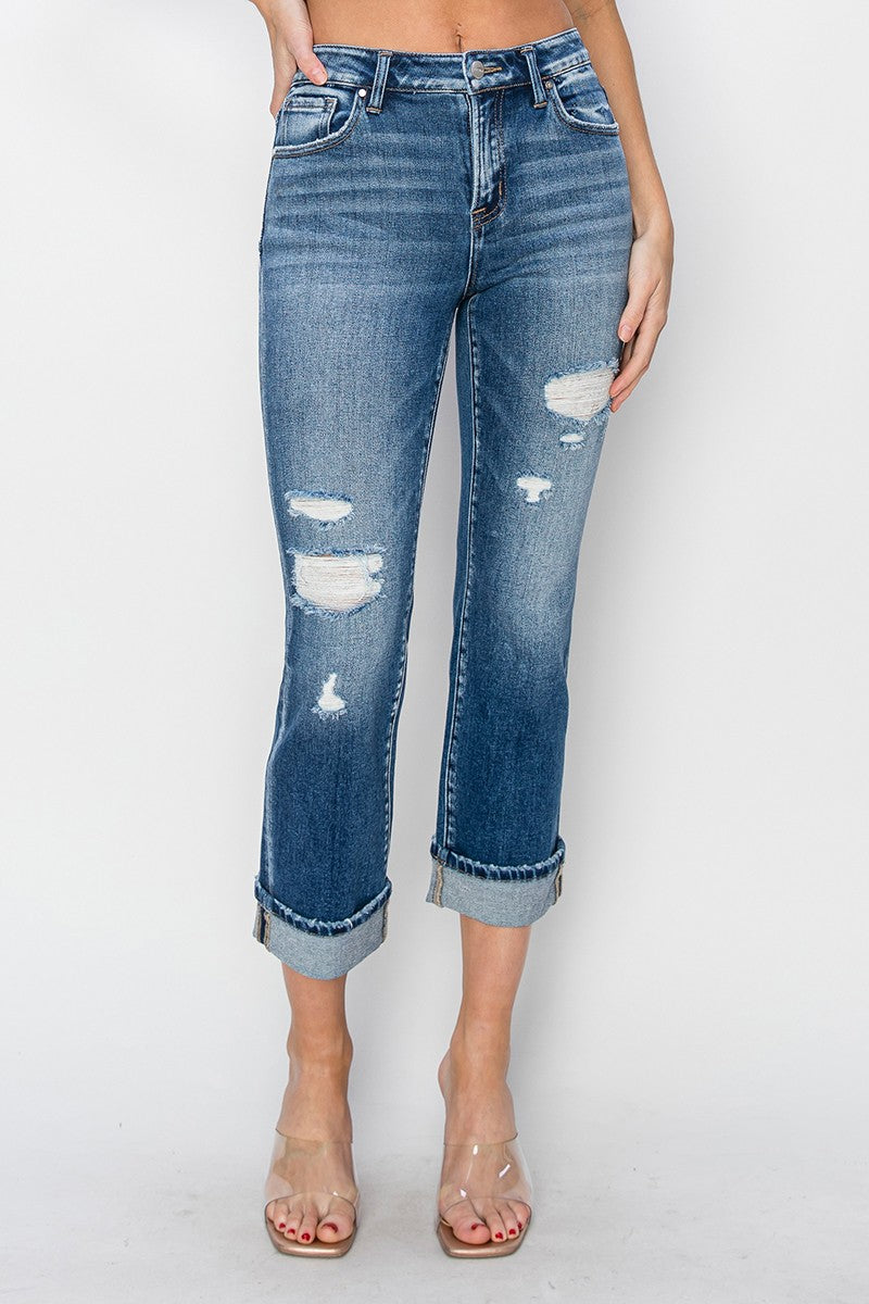 RISEN Full Size Cuffed Ankle Distressed Straight Jeans  Trendsi   