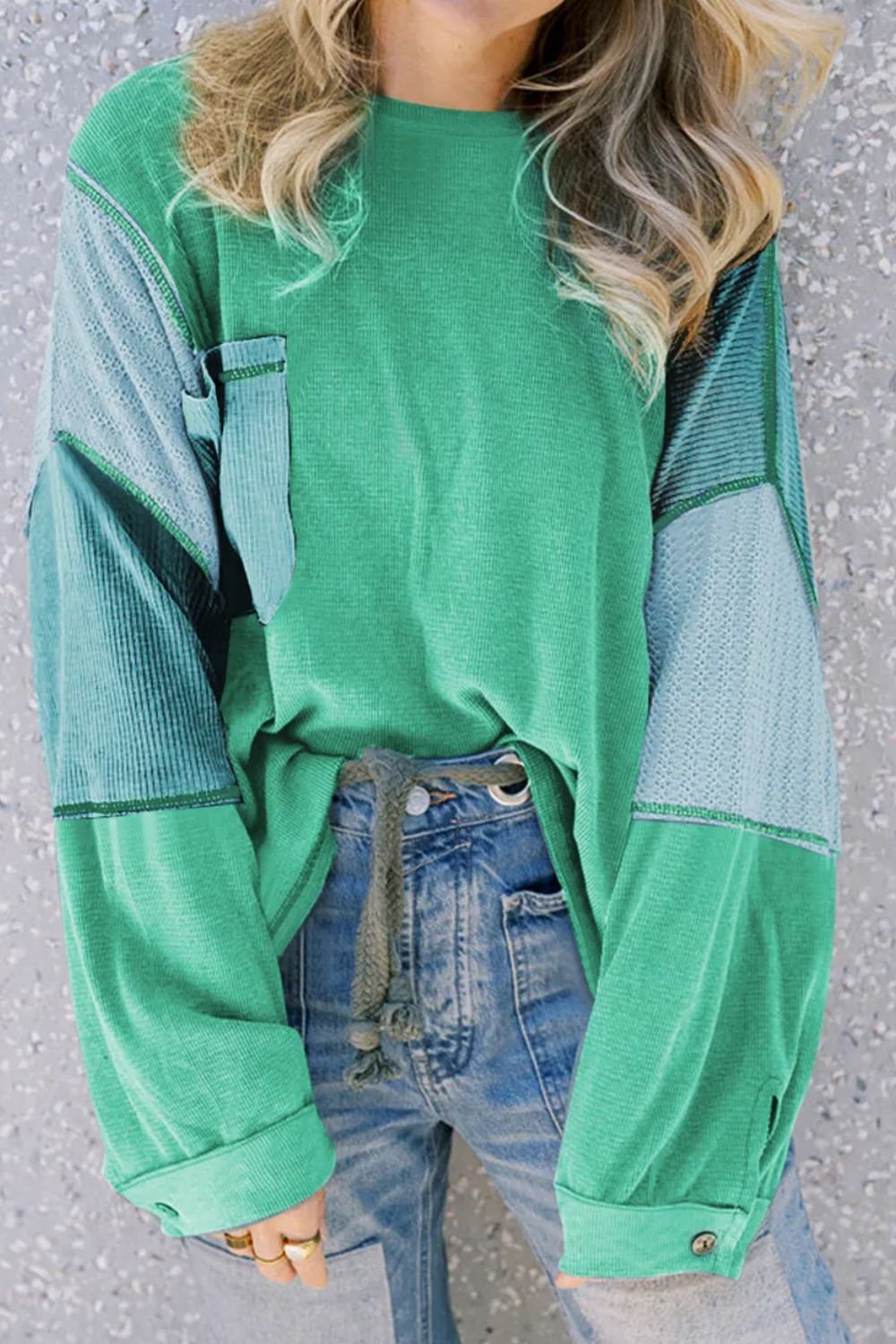 Patchwork Color Block Round Neck Long Sleeve Top Blouse Trendsi Green S 