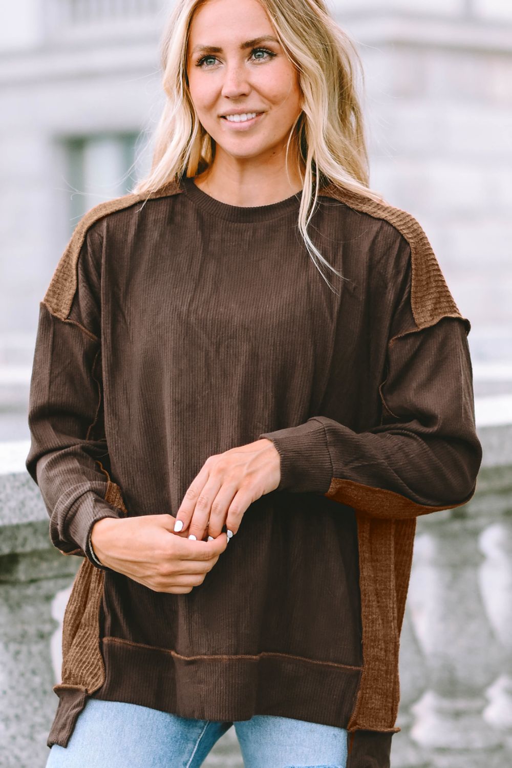 Ribbed Exposed Seam Dropped Shoulder Blouse Blouse Trendsi   