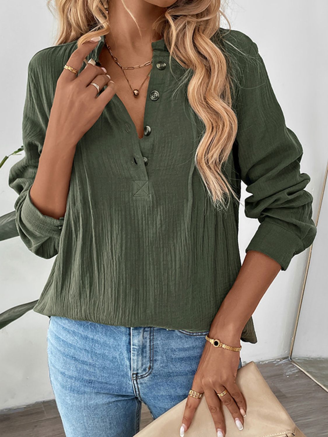 Perfee Textured Notched Long Sleeve Blouse  Trendsi   