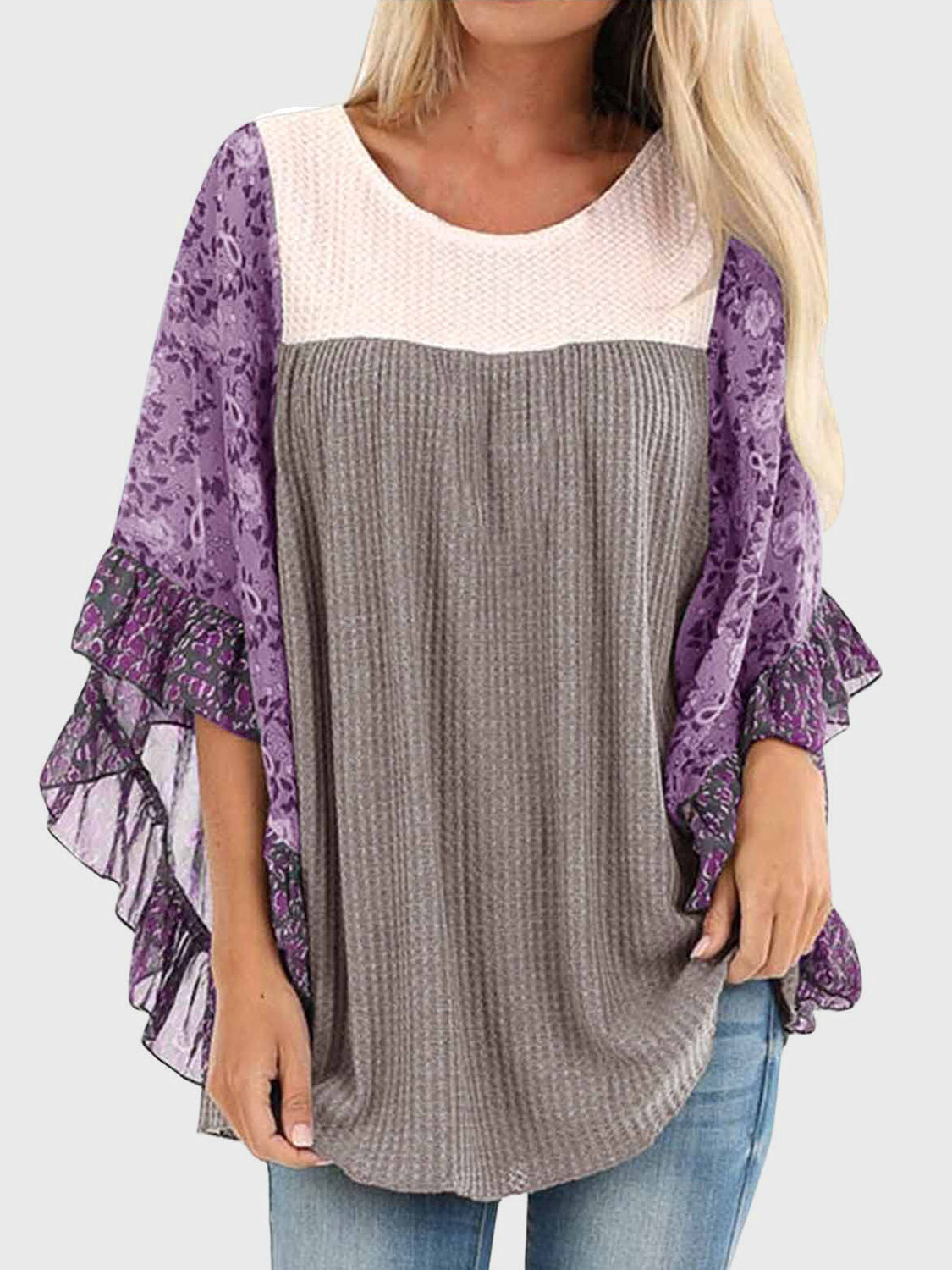 Full Size Printed Round Neck Three-Quarter Sleeve Blouse  Trendsi Mauve S 