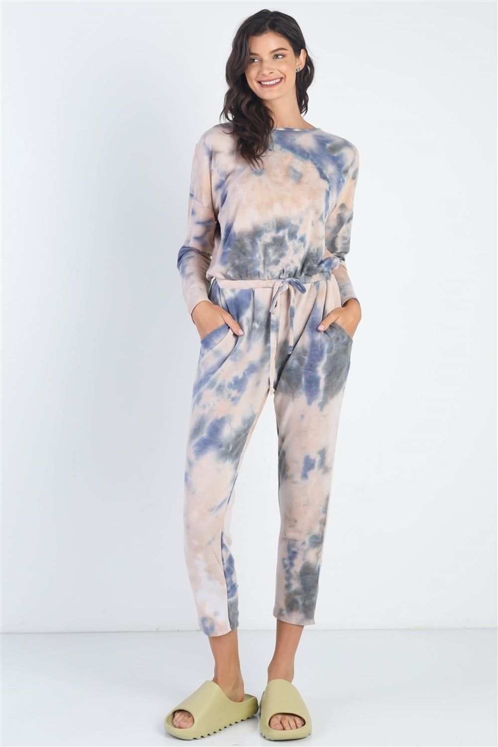 Cherish Apparel Tie-Dye Round Neck Long Sleeve Jumpsuit  Trendsi Navy S 