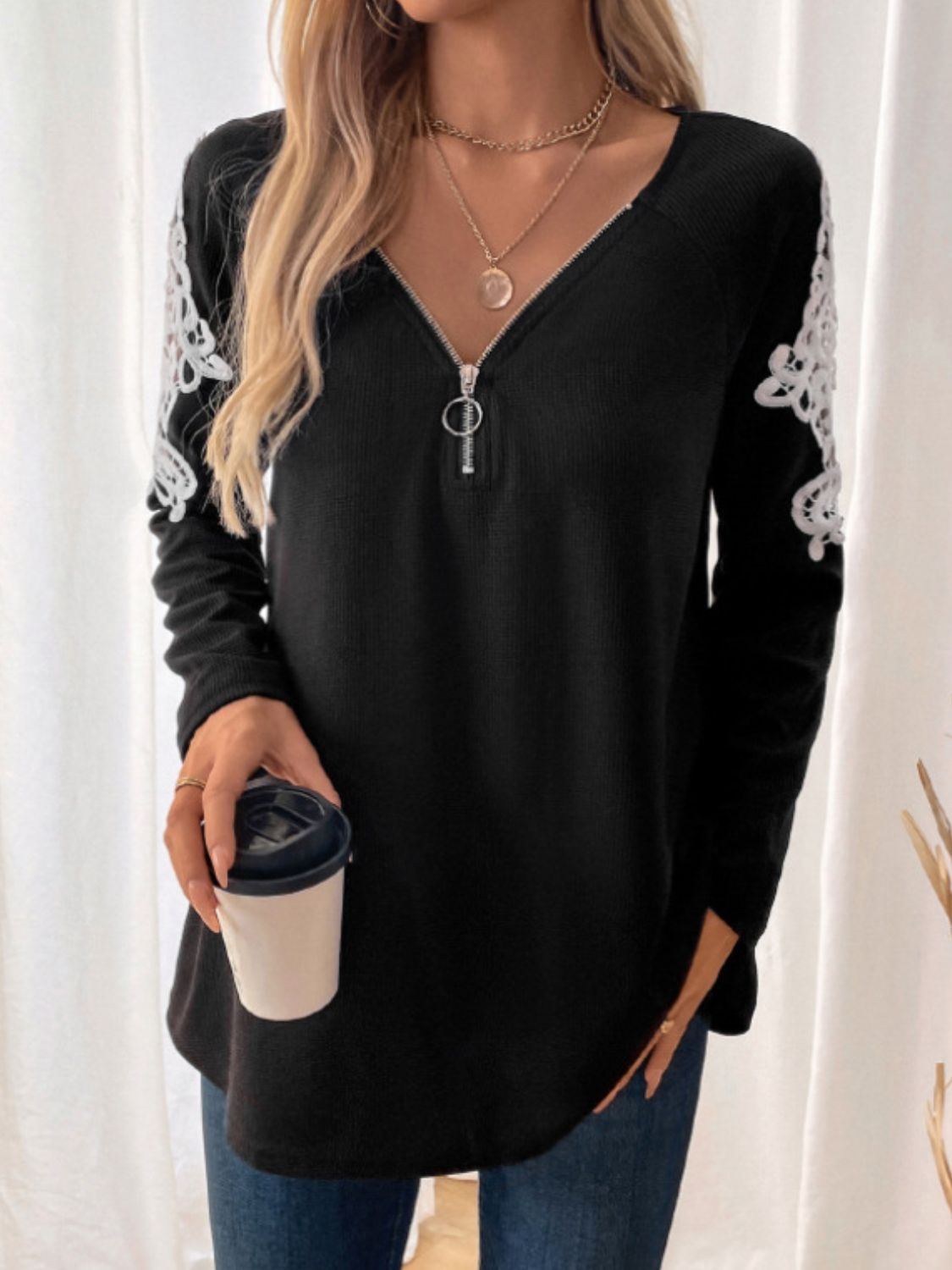 Perfee Lace Detail Quarter Zip Long Sleeve Top T-Shirt Trendsi   