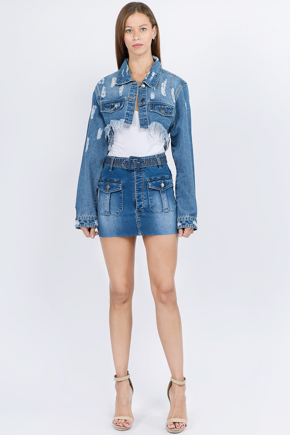 American Bazi Distressed Denim Jacket with Frayed Hem  Trendsi   