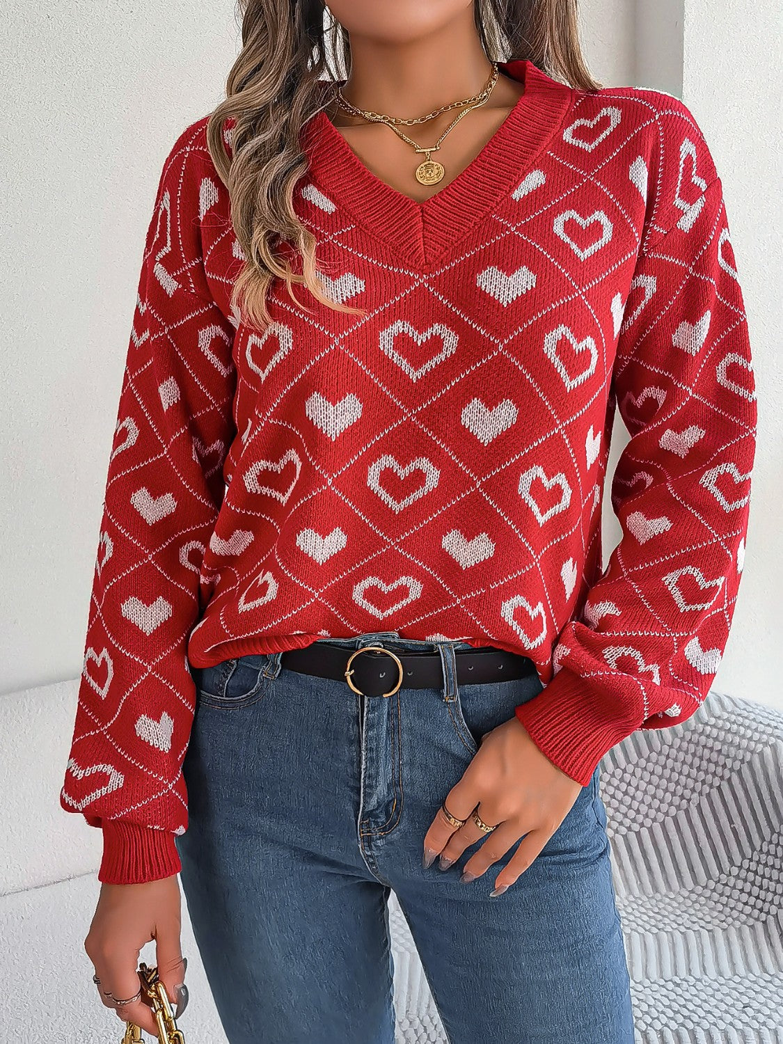 Heart Pattern V-Neck Long Sleeve Sweater  Trendsi Deep Red S 