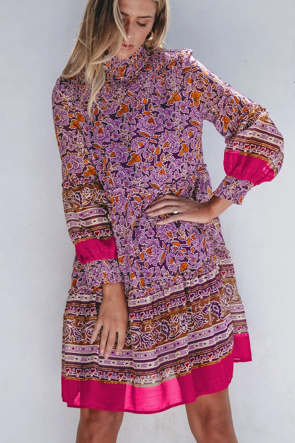 Smocked Floral Turtleneck Long Sleeve Dress  Trendsi   