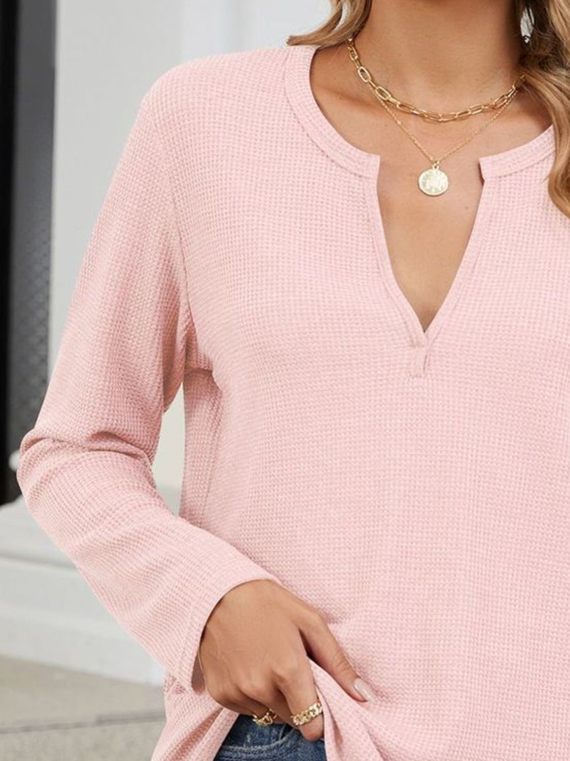 Waffle-Knit Notched Long Sleeve T-Shirt T-Shirt Trendsi   