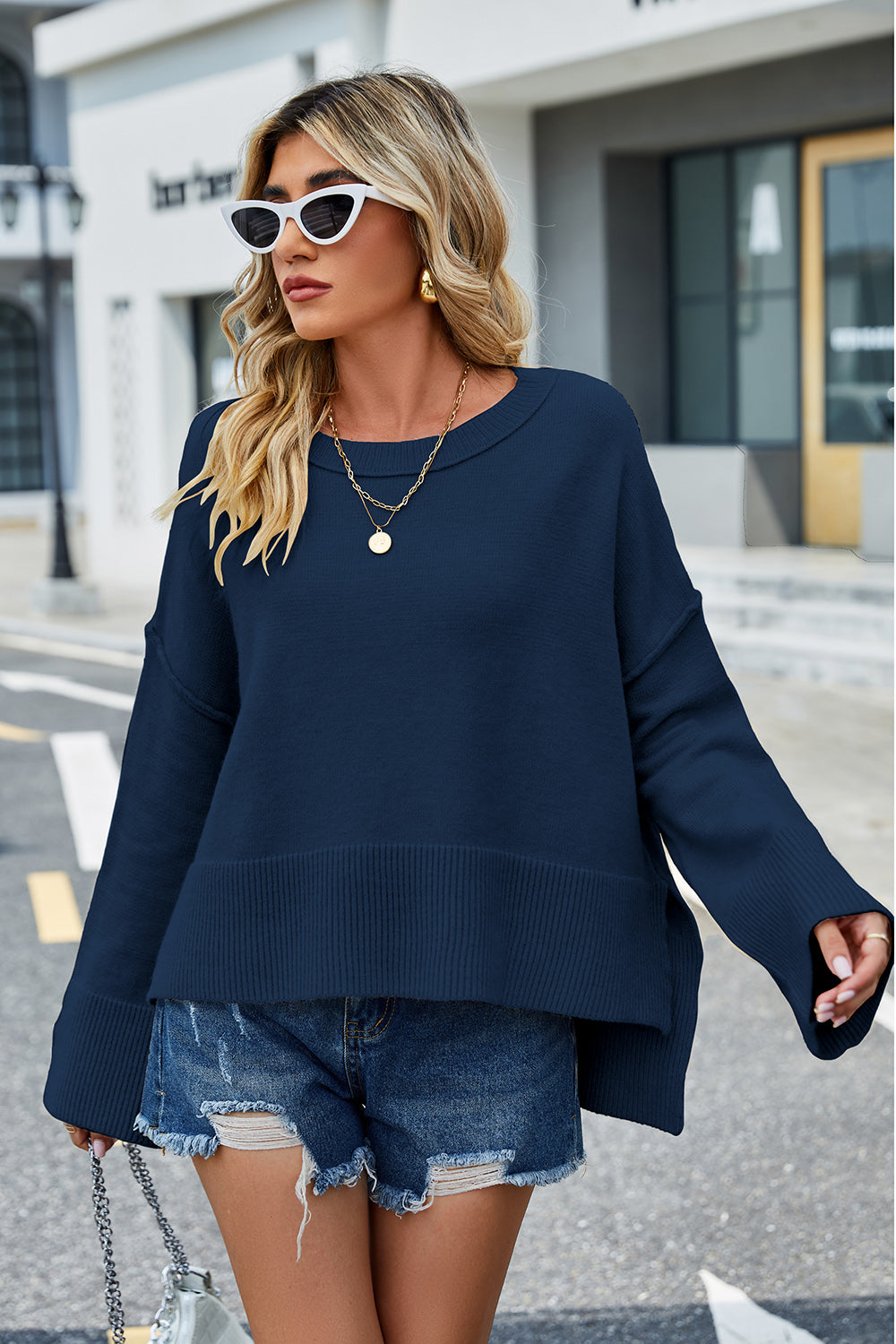 High-Low Slit Round Neck Long Sleeve Sweater  Trendsi Navy S 