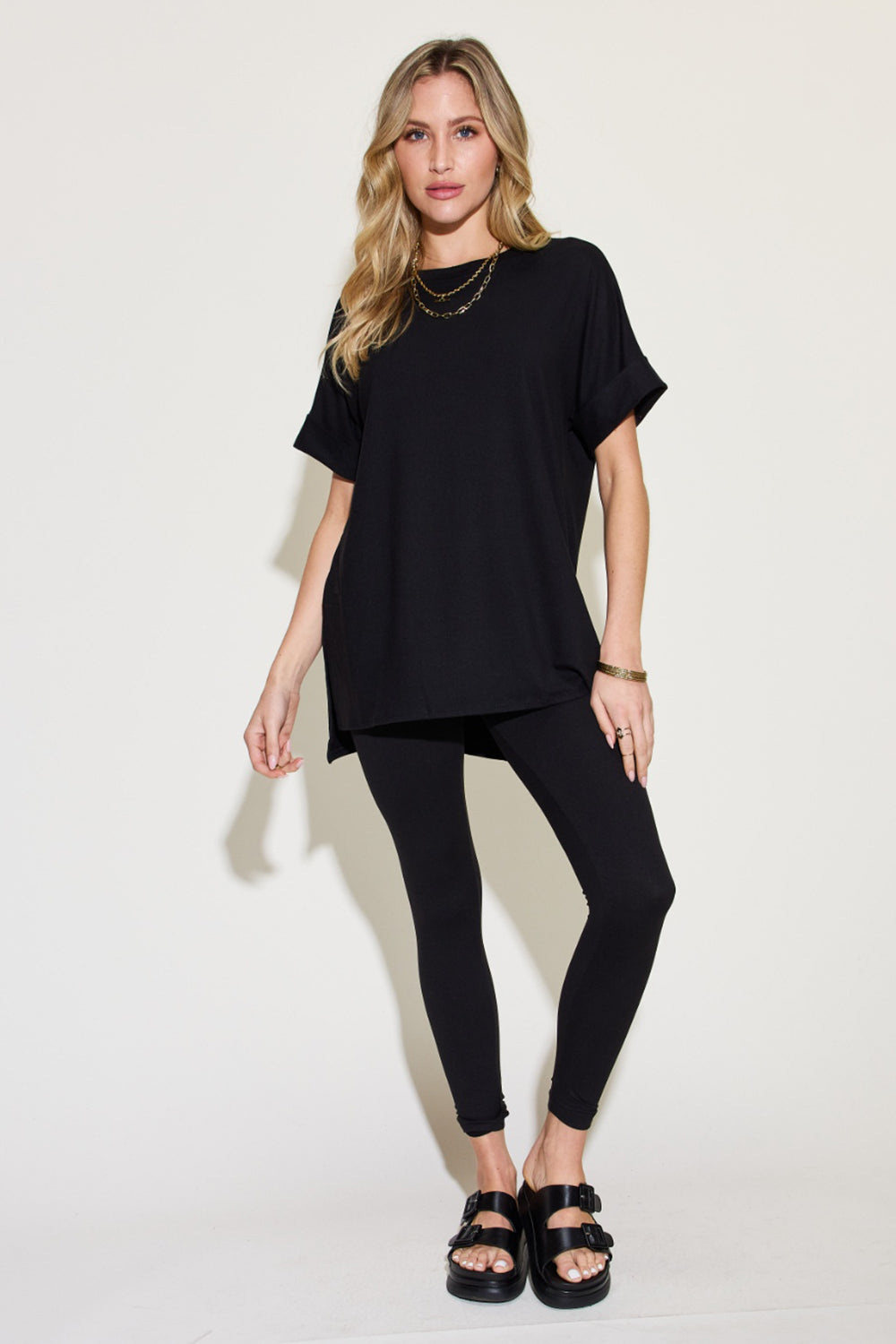 Zenana Plus Size Short Sleeve Slit T-Shirt and Leggings Lounge Set  Trendsi   