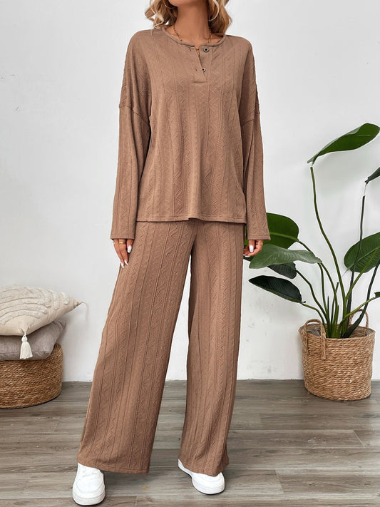 Perfee Quarter Button Long Sleeve Top and Pants Set  Trendsi Camel S 