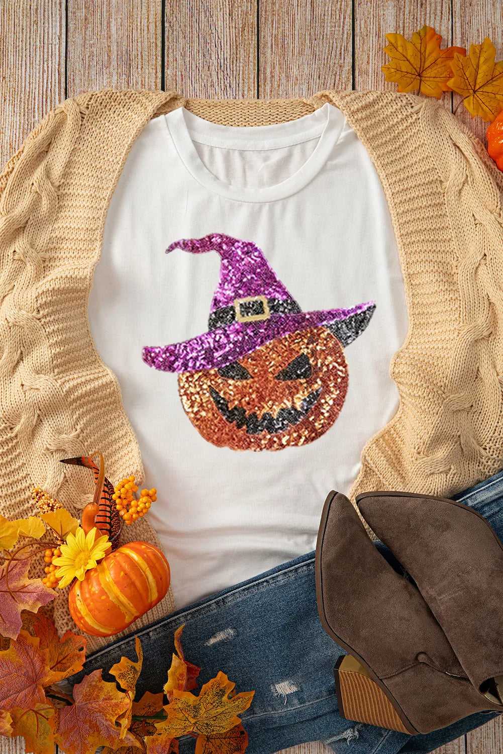 Sequin Pumpkin Round Neck Short Sleeve T-Shirt T-Shirt Trendsi   