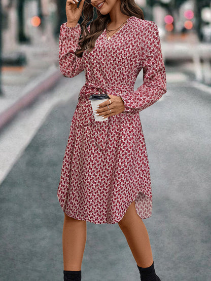 Tied Printed Notched Balloon Sleeve Dress  Trendsi   