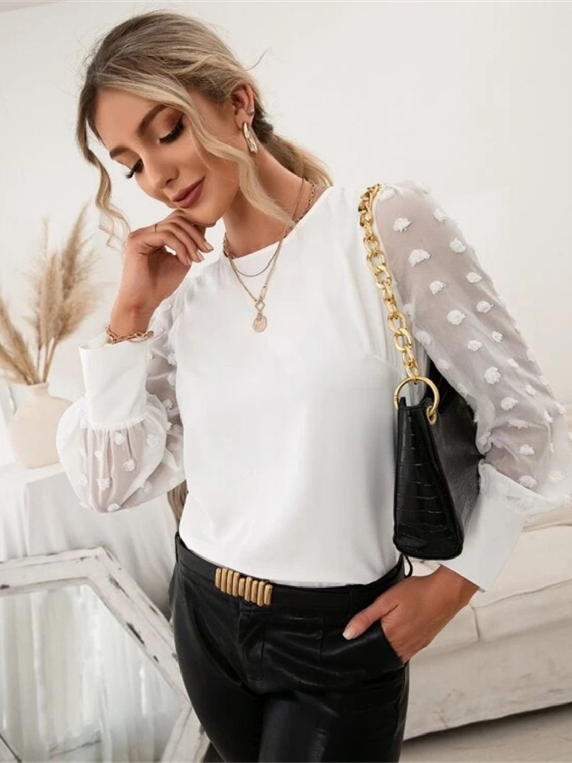 Swiss Dot Round Neck Long Sleeve Blouse Blouse Trendsi White S 