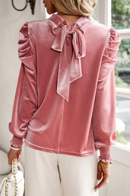 Tie Up Mock Neck Velvet Fabric Long Sleeve Blouse Blouse Trendsi   