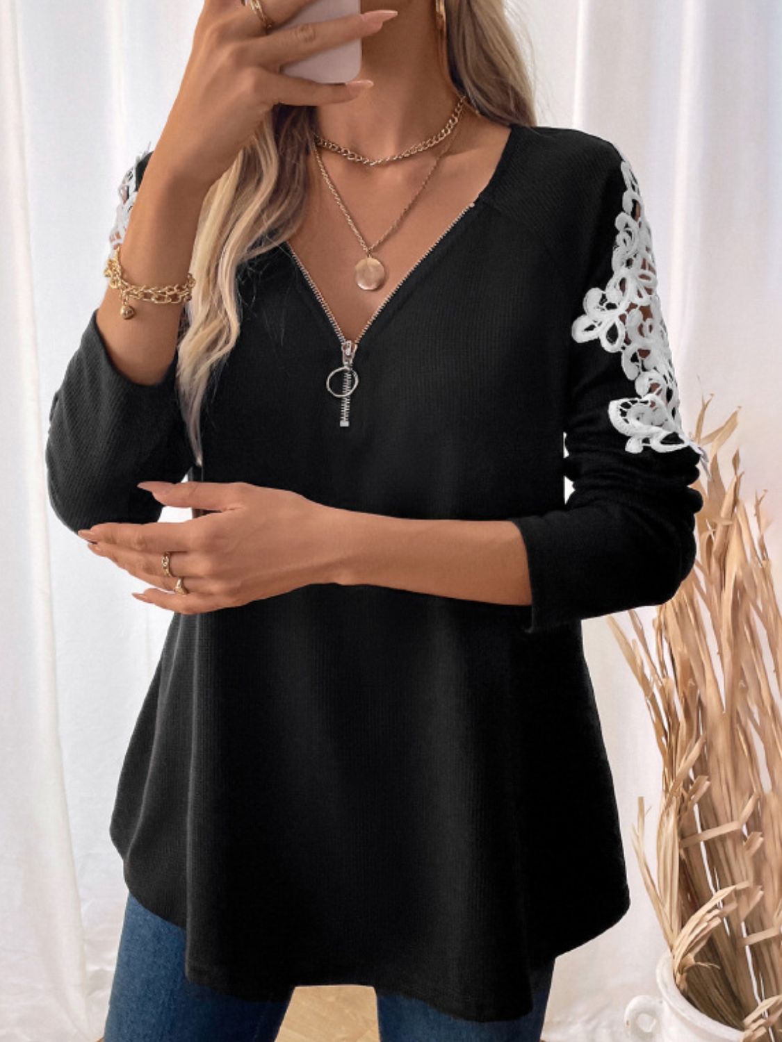 Perfee Lace Detail Quarter Zip Long Sleeve Top T-Shirt Trendsi   